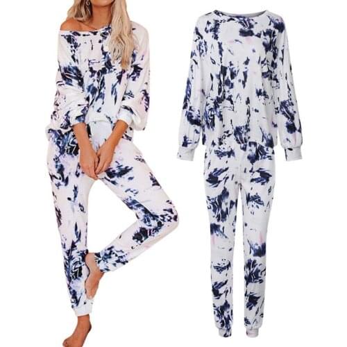 2 Pcs Women Tie Dye Printed Suit Set Long Pants Sleepwear Loose Home Loungewear Long Sleeve Pullover Tops