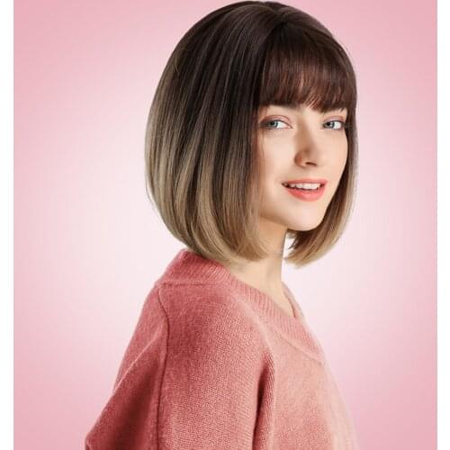 Short Bob Hair Wigs- 11inch Straight with Flat Bangs Synthetic Wig Natural