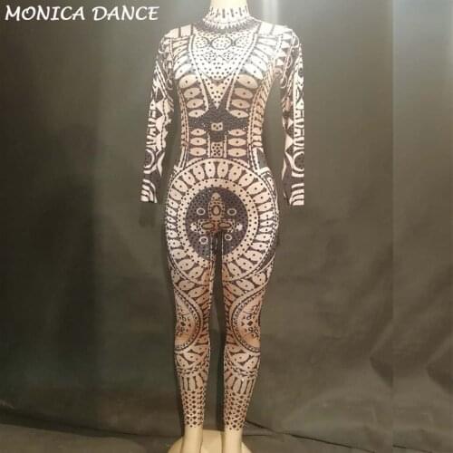 Nightclub Stage DJ Costume for Singer Sparkling Crystals Bodysuit 3D Printing Skinny Nightclub Party Stage Wear Costumes