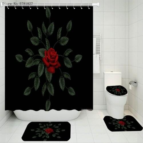 3/4 Pieces Red Flowers Carpet Cover Toilet Cover Bath Mat Pad Set Plant Sunflowers Bathroom Curtain Home Shower Curtain Set