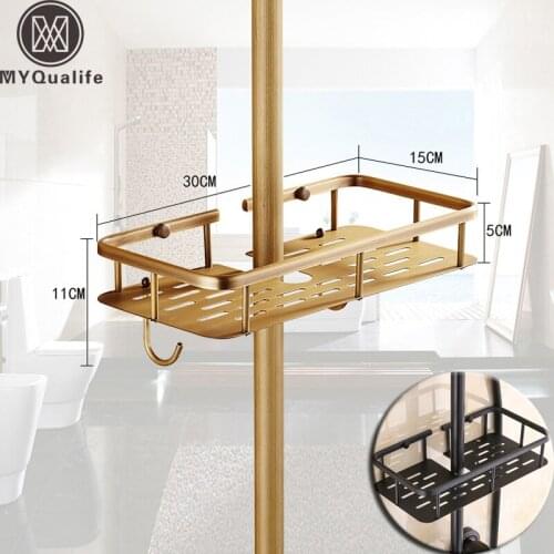 Brass Antique Bathroom Shower Faucet Shelves with Hooks Bathroom Commodity Basket Dedicated for Shower Pole
