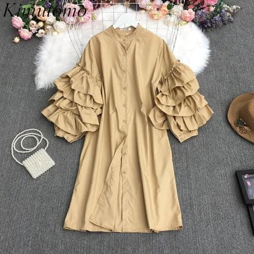 Kimutomo Ins Fashion Dress Women Chic Cascading Ruffle Puff Sleeve Stand Collar Single Breasted Shirt Dresses Autumn Elegant