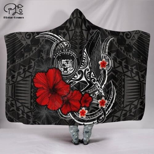 Plstar Cosmos Humpback Whale with Hibiscus Hooded Blanket 3D full print Wearable Blanket Adults men women Polynesian style