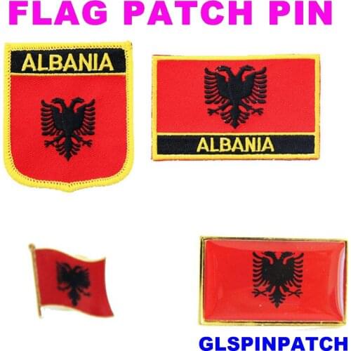 Albania FLAG Patch Rectangle Lapel Pin iron-on embroidered applique Hook Loop Badge