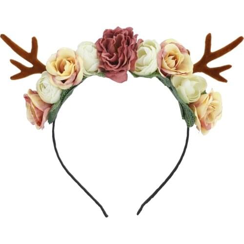 Gril Antlers Headband Christmas Birthday Rose Flower Hairbands Party Floral Crown Women Hair Accessories Photo Props