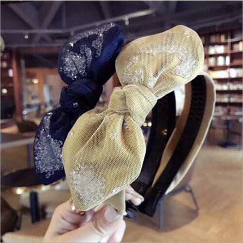 High - end boutique hair accessories Korean version of handmade white crystal lace gauze rabbit ears bow hairband headband women