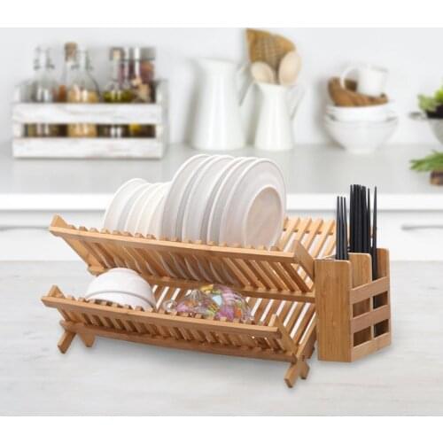 Folding Dish Rack Dish Double layer Drying Rack Bamboo Dish Rack Collapsible Dish Drainer Foldable Plate Rack