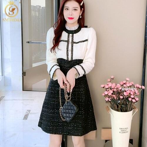 SMTHMA Womens 2021 New Autumn Winter Long Sleeve Tweed Dress White Plush Contrast Patchwork Temperament Woolen Dressme Vestidos