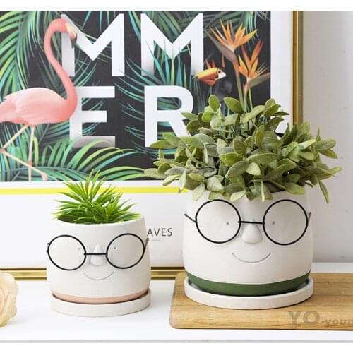 Nordic Style Human Face Wear Glass Flower Vase Cement Flower Pot with Tray Personality Cute Fleshy Green Radish Potted Planters