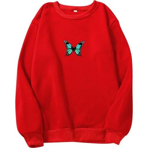 Oversized Hoodie Womens Pure Color New Cute Sweatshirt Butterfly Print Long Sleeve O-neck Pullover Top Red Streetwear Свитшот