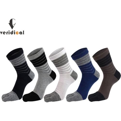 5 Pairs Mans Five Finger Socks Cotton Striped BusinessParty Dress Long Socks Harajuku Solid Work Socks With Toes Sokken Brand