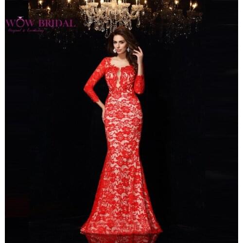 Wowbrial Elegant Red Long Sleeve Mermaid Lace Evening Dresses Long Robe De Soiree Manche Longue Backless Design