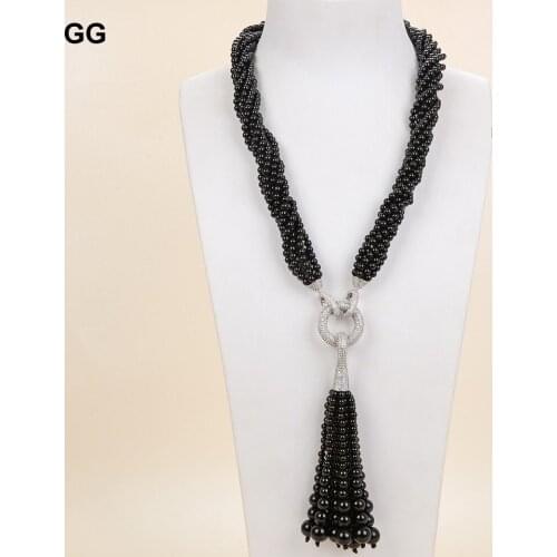 GuaiGuai Jewelry 20" 7 Strands 4mm Black Onyx Necklace CZ Pendant
