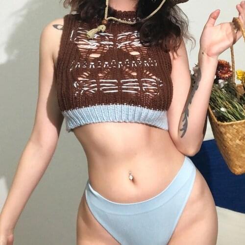 Womens Fashion Contrast Color Knitted Vest Sexy Hollow Round Neck Exposed Navel Sleeveless Tops