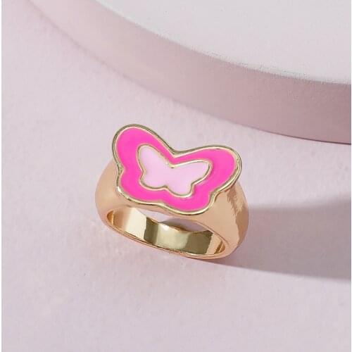 New Ins Vintage Colorful Double Butterfly Ring Simple Metal Drop Oil Butterfly Rings For Women Girls Fashion Jewelry Gift