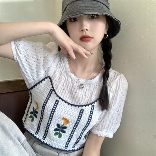 Top Summer Crochet Round Neck White Shirt Fake Two-piece Splicing Shirt New All-match Short-sleeved Shirt