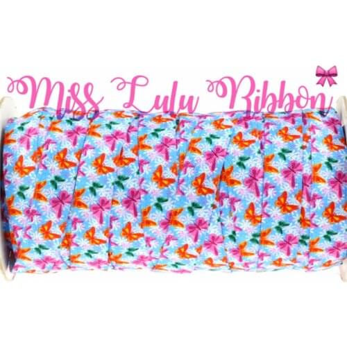 5/8"16mm 50y/lot Colorful Butterfly Printed Fold Over Elastic Ribbon Handmade Party Decoration Satin Webbings MD150810-25-1505