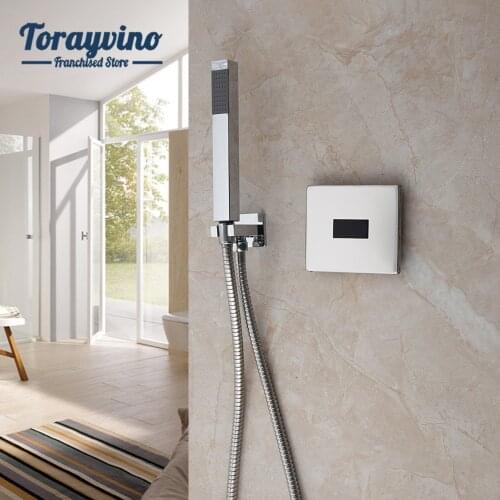 Torayvino Automatic Sensor Chrome Finished Wall Mounted Brass Faucet Rectangle Hand Head Shower Spray Shower Set Tap