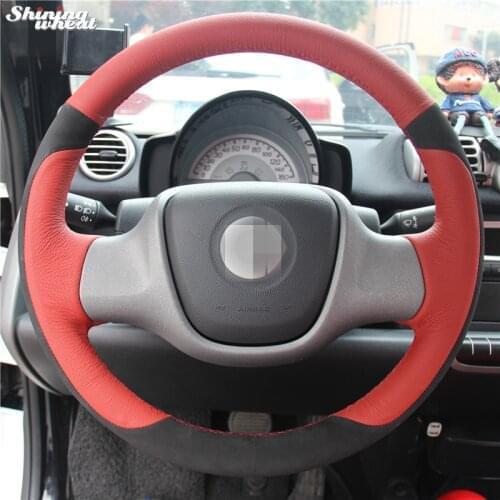 Shining wheat Hand-stitched Black Suede Red Genuine Leather Car Steering Wheel Cover for Smart Fortwo