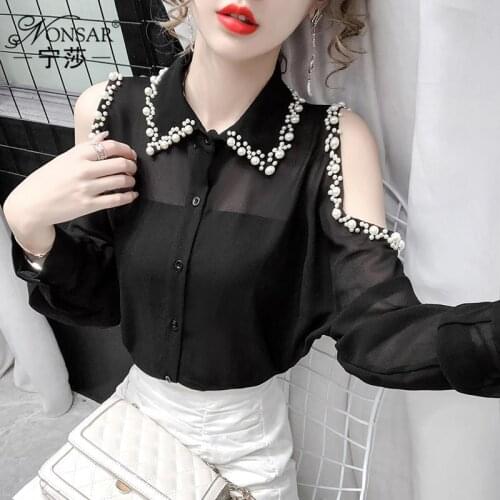 Blouse Women Autumn Loose Long Sleeve Beaded Chiffon Blusas Mujer De Moda