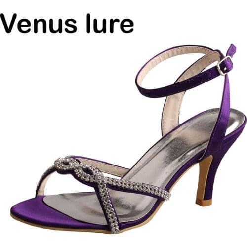 Ankle Strap Crystal Bridesmaid Shoes Purple Sandals Women Mid Heel Party Shoes
