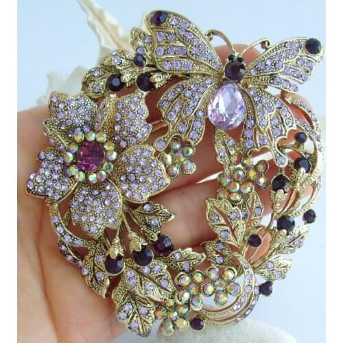 3.54" Art Style Butterfly Brooch Pin Purple Austrian Crystal Pendant EE04489C10