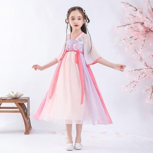 Kids Dresses For Girl Wedding Party Frock Chinese New Year Style Hanfu Tang Suit Princess Summer Dress Childrens Long Dress