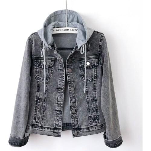 Korean Removable Hooded Women Denim jacket Slim Dark gray Jeans jacket Female Spring 2021 Short Casual Basic coat Mujer Chaqueta