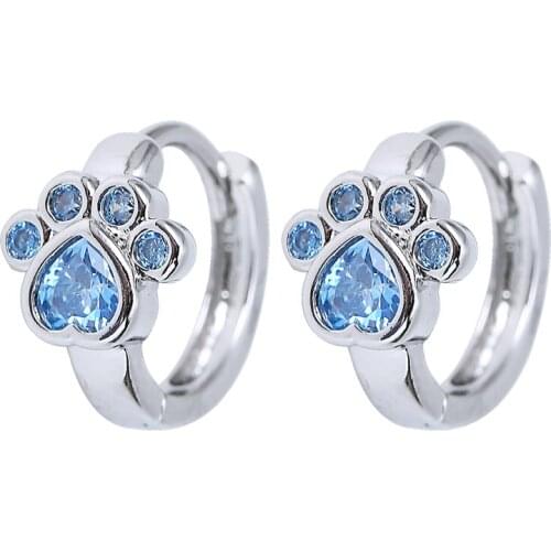 Korea Fashion Cute Cat Paw Hoop Earring Siliver Color Blue CZ Paw Print Small Earrings Jewelry Women Oorbellen Birthday Gift