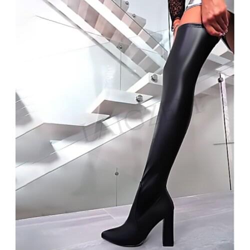 LAIGZEM Women Thigh High Boots Black Faux Leather Side Zip Chunky Heels Over Knee Boots Botas Bottes Femme Mujer Big Size 34-47
