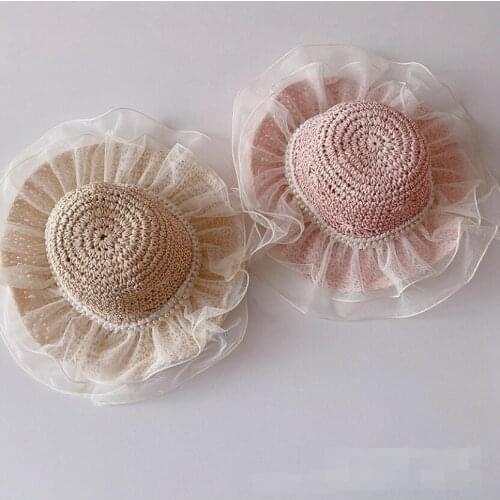 Summer korean style baby girls fashion lace patchwork princess beach hats children 3 colors sunbonnet
