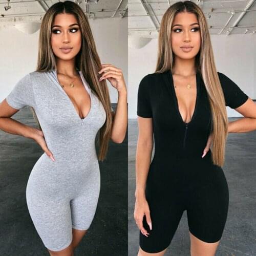 2020 Summer WomenSexy Zipper V Neck Playsuit Fitness Tights Crop Jumpsuits Yoga Sport Suit Gym One Piece Bodysuit Tracksuit