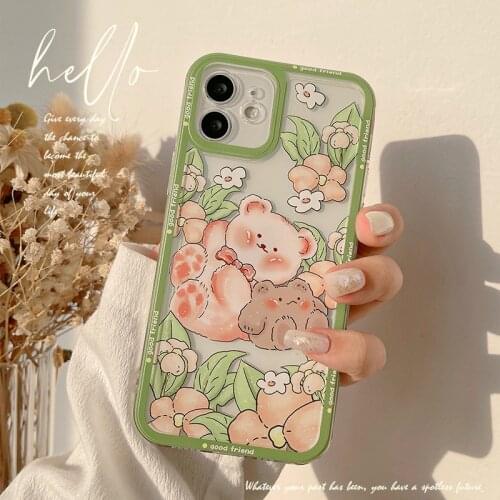 Cute Cartoon Flower Bear Korea Phone Case For iPhone 11 12 Pro Max X Xs Max Xr 7 8 Plus SE 2020 Cases Shockproof Soft TPU Cover