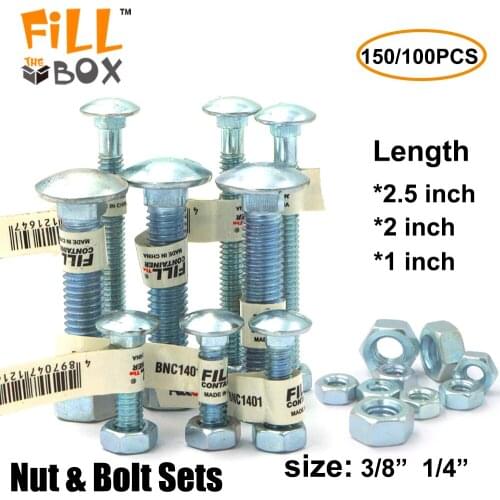 Zinc Plated Steel nuts bolts set 3/8'' 1/4'' Length 1'' 2'' 2-1/2'' 100pcs 150pcs carriage bolt