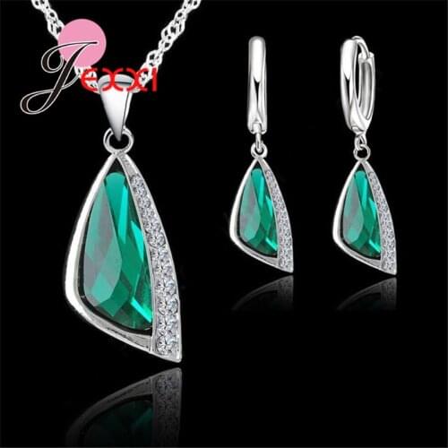 New Charming 925 Sterling Silver Austrain Crystal Pendant Necklace Hoop Earring Set Geometric Crystal Jewelry Sets
