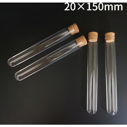 100pcs/lot 20x150mm Transparent Plastic Round Bottom Test Tubes With Cork Stopper For School