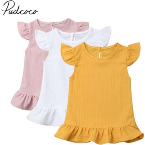Pudcoco Baby Summer Clothing 1-6T Infant Kid Baby Girl Solid Mini Dress Princess Gown Fly Sleeve Ruffle Party Chiffon Dresses