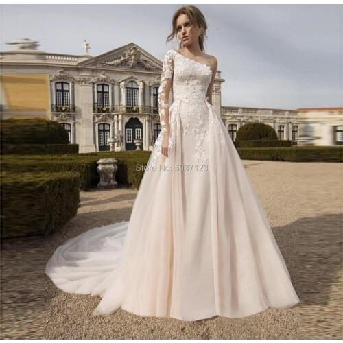 Luxury One Shoulder Mermaid Wedding Dresses with Detachable Train 2021 Long Sleeves Lace Appliques Bridal Gown Vestido De Noiva