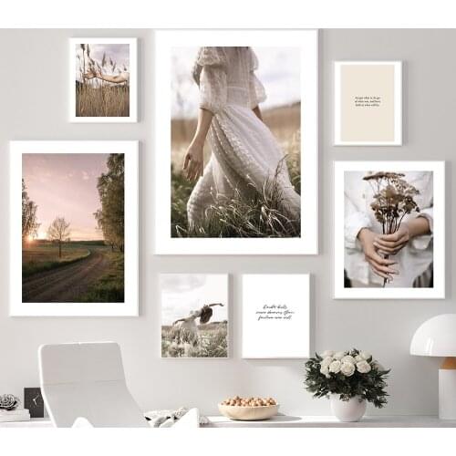 Nordic Landscape Posters Prints Girl in White Dress Canvas Painting Sunset Plant Flowers Wall Art Pictures For Living Room Decor