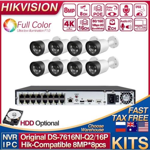 Hikvision Compatible Kits DS-7616NI-Q2/16P 16POE NVR 8MP Full-color IP Camera Bullet POE Built-in MIC 8pcs Plugplay CCTV System