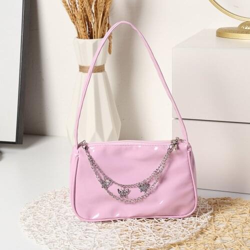 2021 Vintage Women Butterfly Chain Patent PU Leather Shoulder Underarm Bag Ladies Casual Wild Solid Color Small Purse Handbags