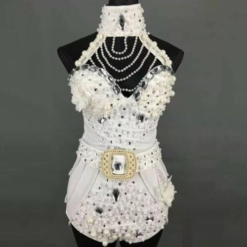 Pole Dance Clothing Female Pearl White/Black/Red One-Piece Nightclub Gogo Dancer Stage Performance Jumpsuit Rave Outfits DWY6032