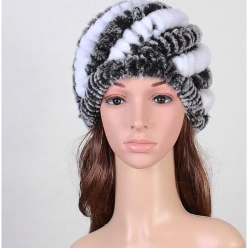 Lady Real Knitted Rex Rabbit Fur Skullies Beanies Hats Autumn Winter Genuine Women Fur Caps Female Headgear Ear Protector 1060
