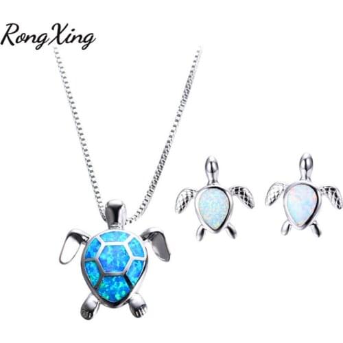 RongXing Blue Turtle Pendant Necklaces White Fire Opal Stud Earrings For Women Silver Color Fashion Animal Jewelry Sets