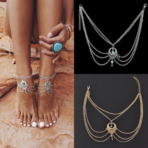 Vintage Antique Silver Anklet Women Turquoise Beads Bohemian Ankle Bracelet tornozeleira chaine cheville Boho Foot Jewelry