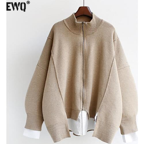 [EWQ] Korea Chic Black Knitted Cardigan Women Autumn 2021 New Laple Loose Zipper Long Sleeve Sweater Coat Female Fashion 16E3361