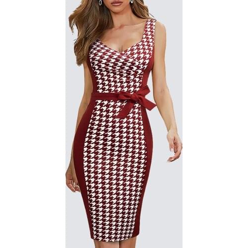 Women Elegant Charming Low Cut Houndstooth Patchwork Bow Lady Slim Pencil Knee Length Dress HB657