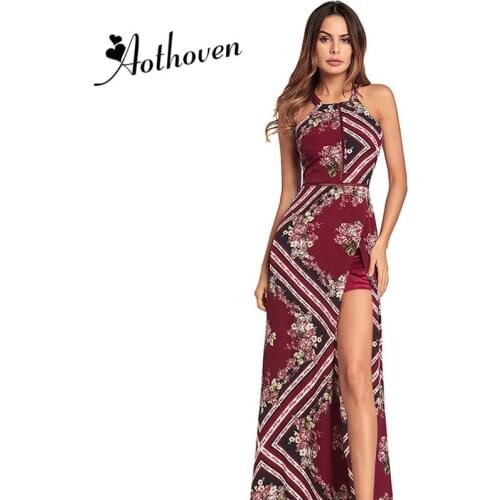 Women Dress Floral Print Vintage Bohemian Dress 2018 Women Sleeveless Summer Beach Dresses Halter Backless Slit Long Maxi Dress