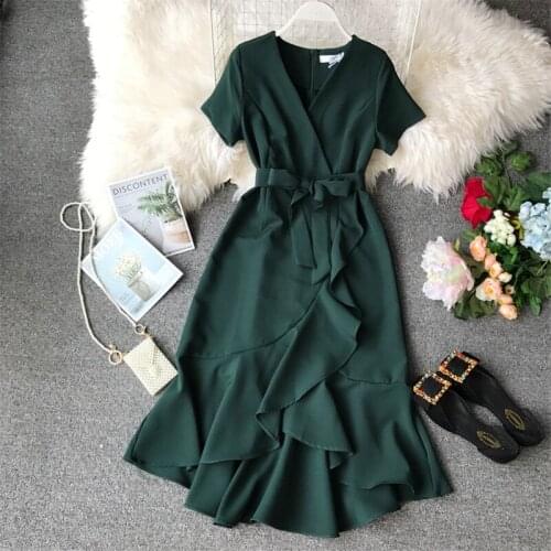 New Summer Elegant V-neck Sashes Party Dress Women Sweet irregular Ruffles Trumpet Dresses Short Sleeve High Waist vestidos M518