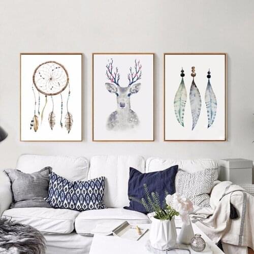 2019 feather deer art painting triple abstract watercolor living room decorative painting No frame painting
